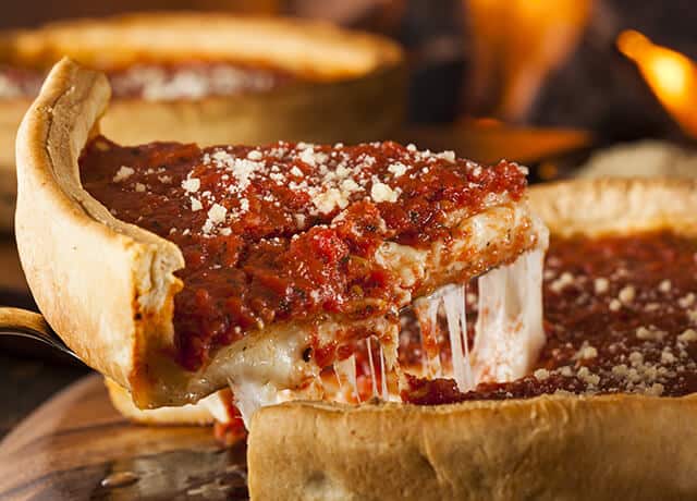 Hot rocks oven Chicago-style pizza